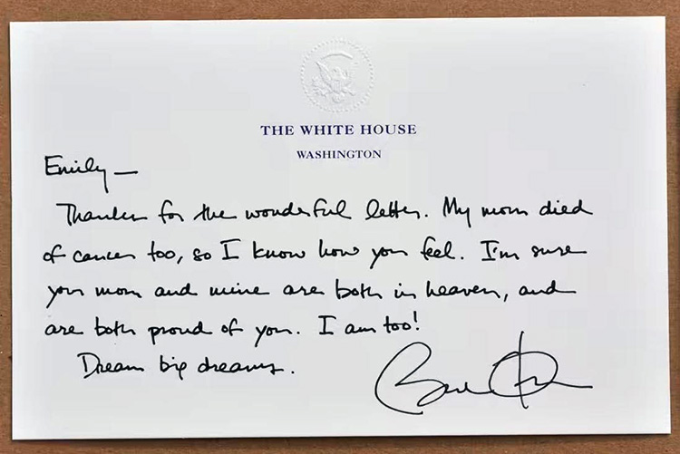 Handwritten White House card from President Obama to a girl named Emily, whose mother died of cancer.