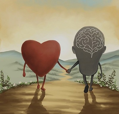 A heart and a brain walking hand in hand down a country road
